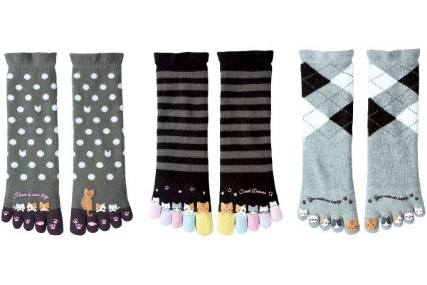 ゆびも楽しい5本指ソックス　3柄組　癒されにゃんこ