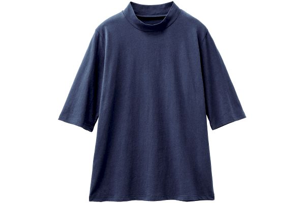 デイリーコットン上品見えのハイネック５分袖Ｔ Ｍネイビー