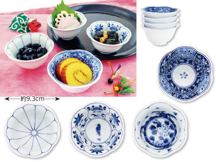 有田焼　　藍文様花型小付鉢　４柄組　　