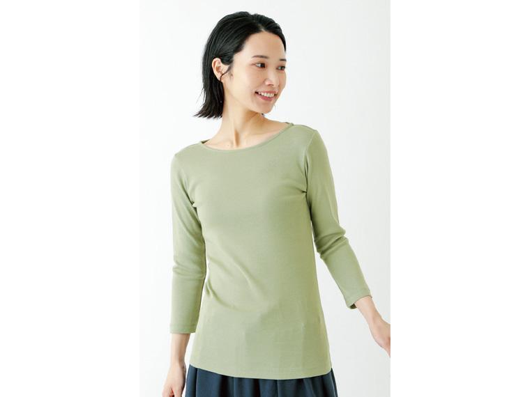 オーガニックコットン ベーシックボートネック7分袖トップ セージ Ｍ 